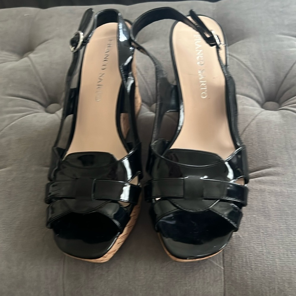 Franco Sarto Black Pateht Leather Cork Wedge Sandal - gently worn